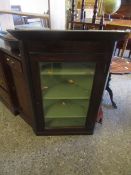 19TH CENTURY OAK FRAMED SINGLE GLAZED DOOR WALL MOUNTED CORNER CUPBOARD WITH GREEN PAINTED INTERIOR