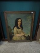GILT FRAMED OIL PORTRAIT OF A YOUNG LADY AND A KITTEN