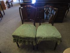 PAIR OF EDWARDIAN INLAID CARVED SPLAT BACK BEDROOM CHAIRS WITH GREEN UPHOLSTERED SEATS ON TAPERING