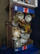 BOX CONTAINING MIXED TEA WARES, BOSSONS FIGURE ETC