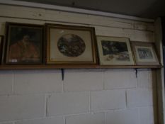 RUSSELL FLINT PRINT, A FURTHER OVAL WATERCOLOUR OF A ROCKY SCENE AND A PORTRAIT (4)