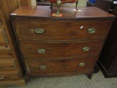 19TH CENTURY MAHOGANY BOW FRONTED THREE FULL WIDTH DRAWER CHEST RAISED ON BRACKET FEET