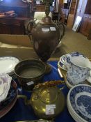 COPPER TWO-HANDLED VASE CONVERTED TO ELECTRIC, A JARDINIERE AND BRASS KETTLE (3)