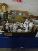 TWO BOXES OF AYNSLEY PEMBROKE VASES, TRAY ETC, TOGETHER WITH BLUE AND WHITE PRINTED PART DINNER/