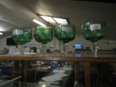 SET OF 19TH CENTURY GREEN ETCHED BOWL GOBLETS WITH CLEAR KNOPPED COLUMNS ON CIRCULAR BASES