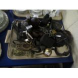 TRAY CONTAINING CAST IRON DOOR KNOCKER, HIP FLASKS, TABLE BELL ETC