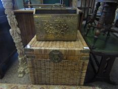 ORIENTAL WICKER CUBE FORMED STORAGE BASKET TOGETHER WITH ASSORTED LIGHT FITTINGS AND TWO PRESSED