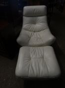 GOOD QUALITY MODERN STYLE CREAM LEATHER LOUNGER AND FOOT STOOL ON CHROMIUM CIRCULAR BASE