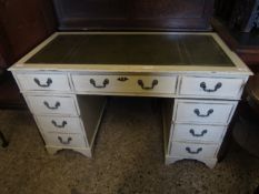 CREAM PAINTED TWIN PEDESTAL DESK WITH GREEN LEATHER INSERT