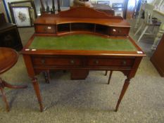 REPRODUCTION YEW WOOD LADIES DESK, THE TOP FITTED WITH TWO DRAWERS WITH OPEN SHELF AND GREEN LEATHER