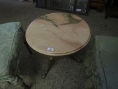 CIRCULAR MARBLE TOPPED SMALL PROPORTION COFFEE TABLE WITH A CAST BRASS TRIPOD BASE WITH FIGURE