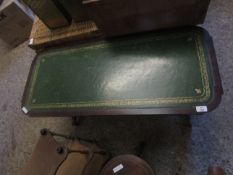 GOOD QUALITY REPRODUCTION MAHOGANY RECTANGULAR COFFEE TABLE WITH GREEN AND TOOLED LEATHER TOP ON