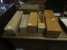 FIVE PLYWOOD AND PINE FRAMED DISPLAY CASES TO INCLUDE FORTNUM & MASON