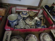 TRAY CONTAINING MIXED 19TH CENTURY BLUE AND WHITE WARES, A CREAM BASALT 19TH CENTURY TEA POT (A/