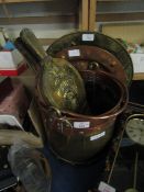 BRASS AND COPPER SWING HANDLED BUCKET, PRESSED BRASS BELLOW, BRASS AND COPPER PRESSED TRAY ETC