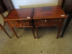 PAIR OF REPRODUCTION MAHOGANY INLAID SIDE TABLES WITH THREE DRAWERS WITH BRASS SWAN NECK HANDLES