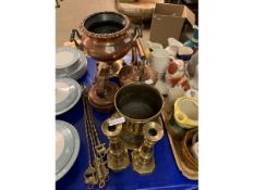 LARGE QUANTITY OF VARIOUS BRASS AND COPPER WARE INCLUDING CANDLESTICKS, KETTLE, TOASTING FORKS ETC