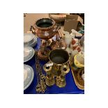 LARGE QUANTITY OF VARIOUS BRASS AND COPPER WARE INCLUDING CANDLESTICKS, KETTLE, TOASTING FORKS ETC