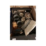 BOX CONTAINING VARIOUS PLATED WARES INCLUDING TEA POT TOGETHER WITH PEWTER MUGS, RUSSIAN DOLL ETC