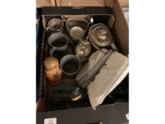 BOX CONTAINING VARIOUS PLATED WARES INCLUDING TEA POT TOGETHER WITH PEWTER MUGS, RUSSIAN DOLL ETC