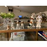 GROUP OF MOULDED MID-20TH CENTURY FIGURES COMPRISING TWO LADIES AND FIVE VARIOUS DOGS INCLUDING