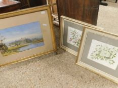 FRAMED SIGNED 19TH CENTURY PASTEL DEPICTING A CASTLE ABOVE A LAKE AND TWO OTHER PICTURES