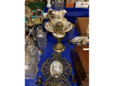 MIRRORED MOULDED WALL SCONCE TOGETHER WITH BRASS OIL LAMP