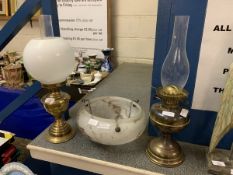 TWO VARIOUS OIL LAMPS TOGETHER WITH A FROSTED GLASS VINTAGE SHADE