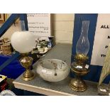 TWO VARIOUS OIL LAMPS TOGETHER WITH A FROSTED GLASS VINTAGE SHADE