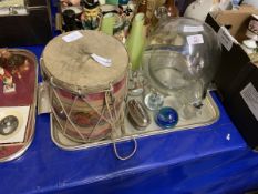 TRAY VARIOUS DECORATIVE ITEMS INCLUDING TABLE LIGHTER, DRUM, VASES ETC
