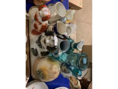 TRAY OF VARIOUS CERAMICS INCLUDING DOG FIGURES, CHEESE DOME, WHITEFRIARS STYLE WATER JUG ETC