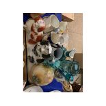 TRAY OF VARIOUS CERAMICS INCLUDING DOG FIGURES, CHEESE DOME, WHITEFRIARS STYLE WATER JUG ETC