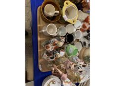 TRAY OF VARIOUS STAFFORDSHIRE FLAT BACK FIGURES TOGETHER WITH COMMEMORATIVE MUGS, ROYAL DOULTON