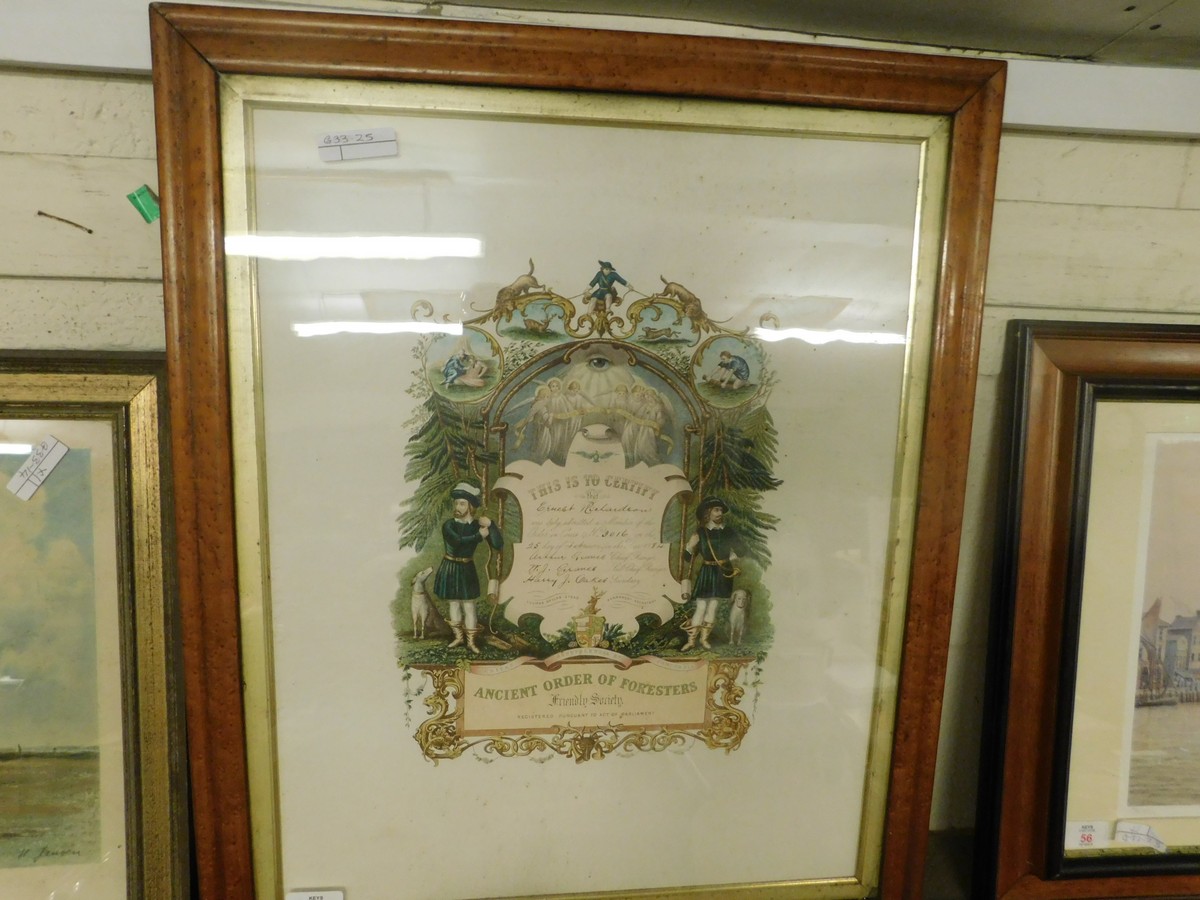FRAMED MEMBERSHIP CERTIFICATE FOR THE ANCIENT ORDER OF FORESTERS, DATED 1884, TO AN ERNEST