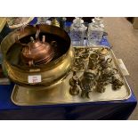 TRAY VARIOUS BRASS WARE INCLUDING JARDINIERE, COPPER SPIRIT KETTLE