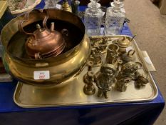 TRAY VARIOUS BRASS WARE INCLUDING JARDINIERE, COPPER SPIRIT KETTLE