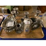 TRAY OF VARIOUS METAL WARE INCLUDING CANDELABRA, COFFEE POT ETC