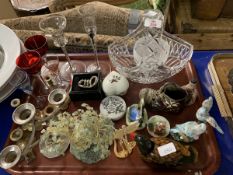 TRAY CONTAINING AN ASSORTMENT OF VARIOUS GLASSWARE, CERAMICS, FIGURES ETC