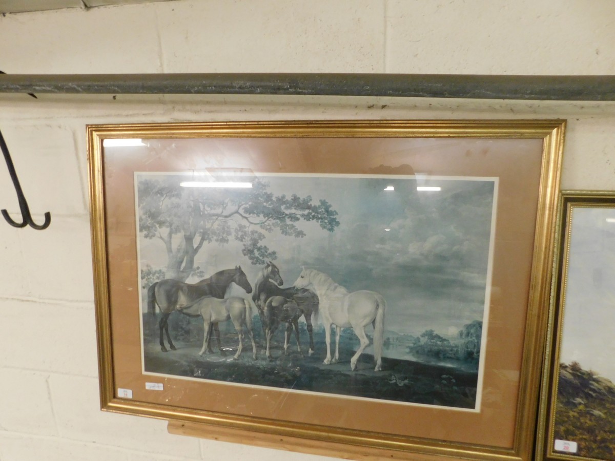 LARGE FRAMED EQUINE INTEREST PRINT OF HORSES IN A LANDSCAPE, 46 X 75CM