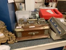 WOODEN DESK TIDY WITH FITTED INKWELLS ETC 30CM LONG