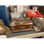 WOODEN DESK TIDY WITH FITTED INKWELLS ETC 30CM LONG