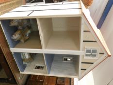 LARGE WOODEN DOLLS HOUSE TOGETHER WITH VARIOUS PACKS OF INTERIOR FURNISHINGS WIDTH 100CM, HEIGHT