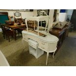 SEVEN PIECE WHITE BEDROOM SET COMPRISING CHEST OF DRAWERS, KIDNEY DRESSING TABLE, STOOL ETC