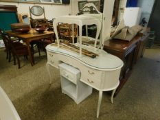 SEVEN PIECE WHITE BEDROOM SET COMPRISING CHEST OF DRAWERS, KIDNEY DRESSING TABLE, STOOL ETC