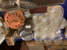 TRAY OF VARIOUS GLASS WARE, CLOCKS ETC