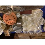 TRAY OF VARIOUS GLASS WARE, CLOCKS ETC