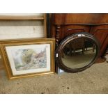 OVAL OVERMANTEL MIRROR IN ORNATE FRAME, TOGETHER WITH A GILT FRAMED PRINT, THE MIRROR 73CM LONG