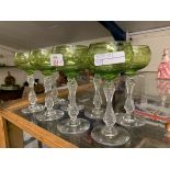 SET OF EIGHT ETCHED COLOURED STEMMED GLASSES