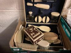 BOX CONTAINING MID-20TH CENTURY VANITY SET TOGETHER WITH ADDITIONAL BRUSHES AND BOXED GUERLAIN