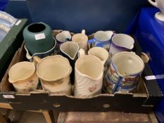 BOX OF COLLECTION OF VARIOUS WATER JUGS INCLUDING CROWN DEVON